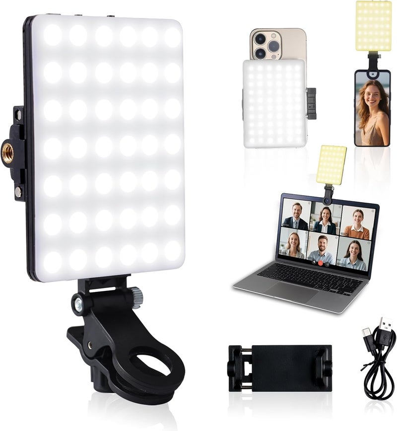 إي وورلد إضاءة سيلفي قابلة لإعادة الشحن مع 60 مصباح LED، إضاءة فيديو محمولة بمشبك للهواتف واللابتوب والكاميرا – لون أسود - Image 1